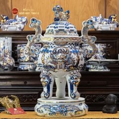 Đỉnh Hương Thờ Men Lam Vẽ Vàng Vẽ Rồng