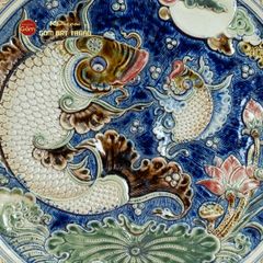 Đĩa Trưng Bày Đắp Nổi Vẽ Màu Cá Chép Ánh Trăng