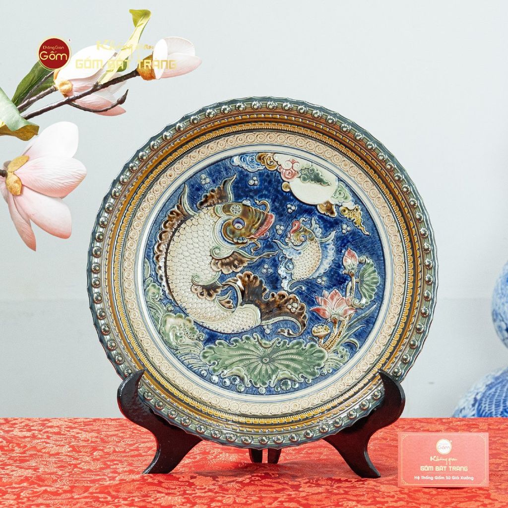 Đĩa Trưng Bày Đắp Nổi Vẽ Màu Cá Chép Ánh Trăng