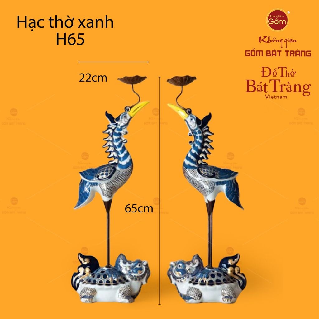 Hạc Thờ Xanh Men Lam Vẽ Vàng (Chiếc)