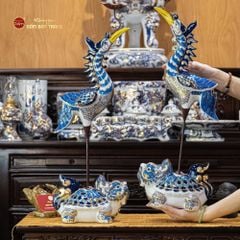 Hạc Thờ Xanh Men Lam Vẽ Vàng (Chiếc)