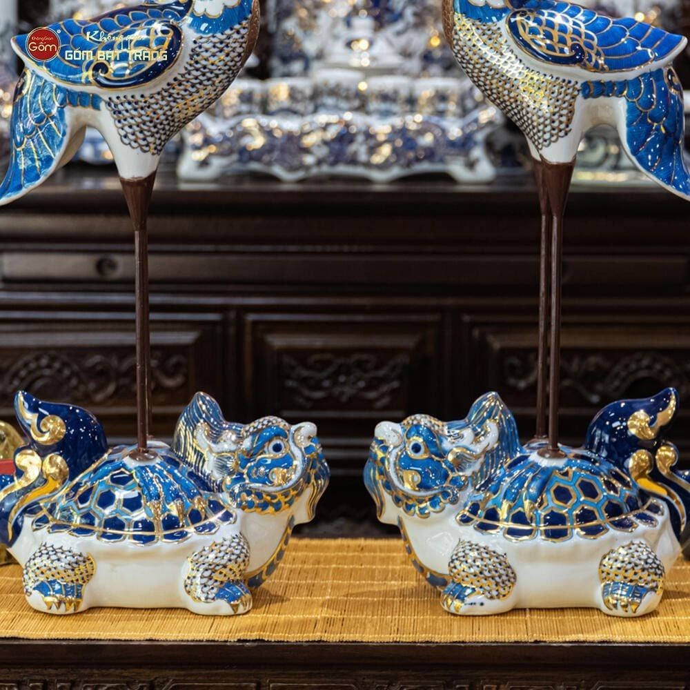 Hạc Thờ Xanh Men Lam Vẽ Vàng (Chiếc)