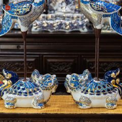 Hạc Thờ Xanh Men Lam Vẽ Vàng (Chiếc)