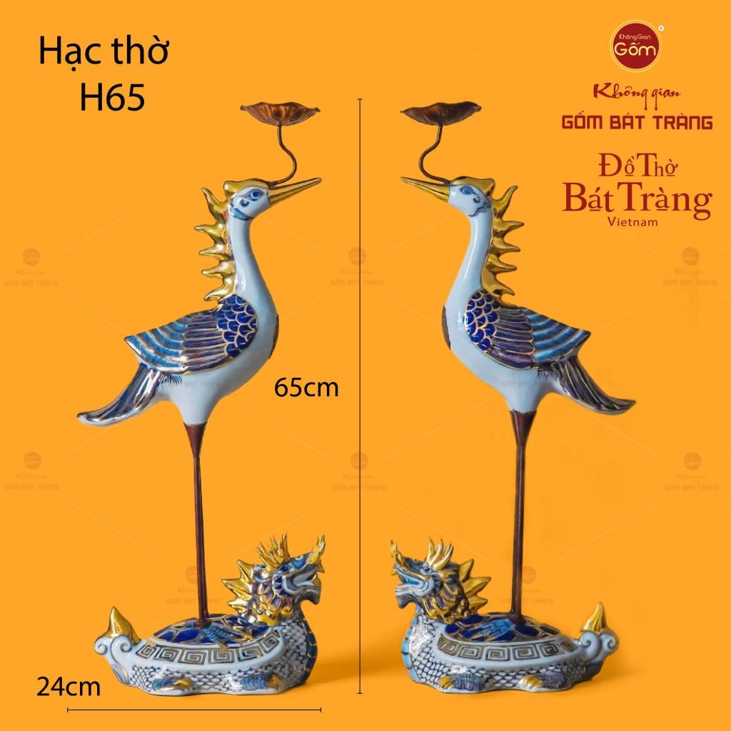 Hạc Thờ Trắng Men Lam Vẽ Vàng (Chiếc)