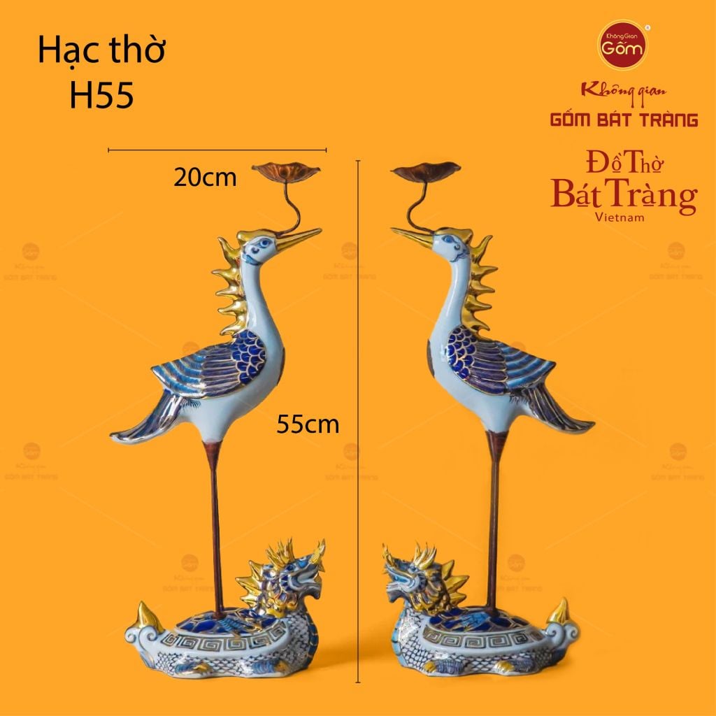 Hạc Thờ Trắng Men Lam Vẽ Vàng (Chiếc)