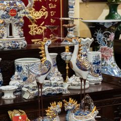 Hạc Thờ Trắng Men Lam Vẽ Vàng (Chiếc)