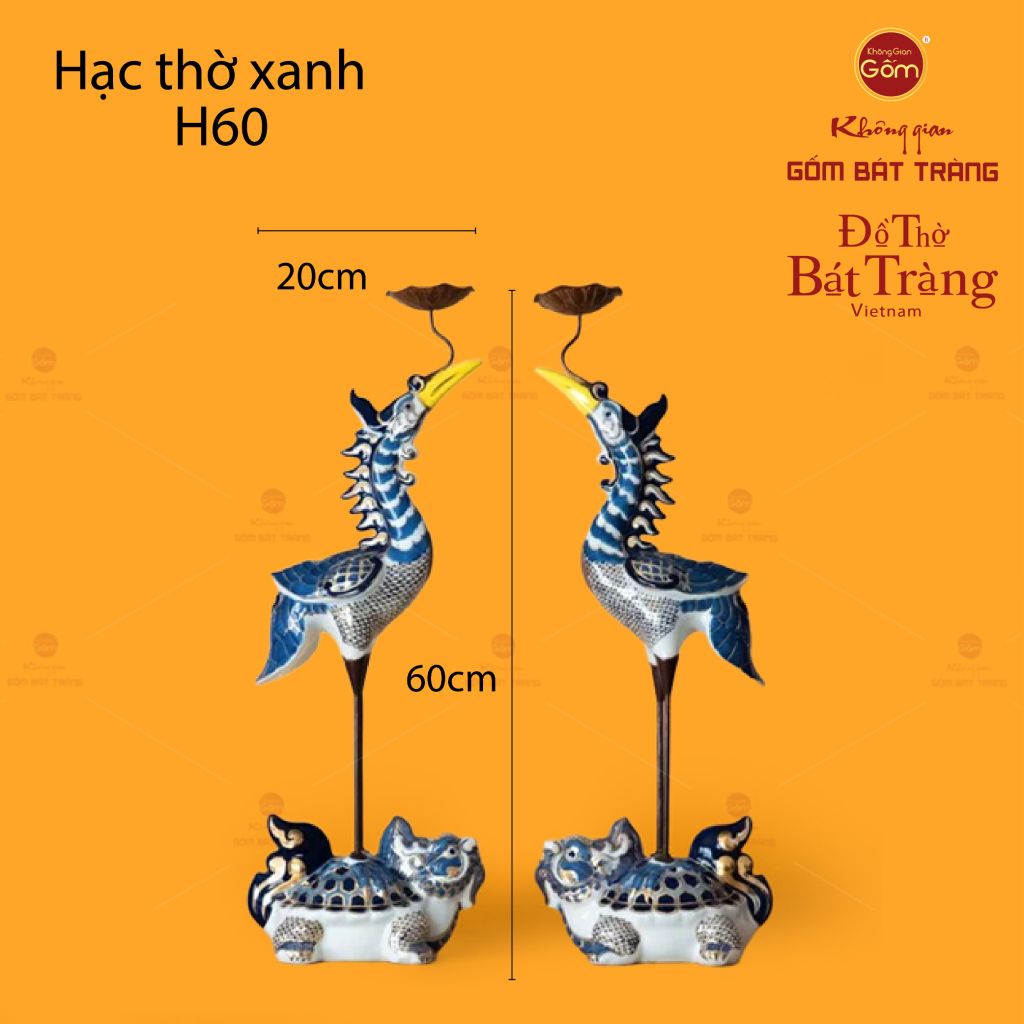 Hạc Thờ Xanh Men Lam Vẽ Vàng (Chiếc)