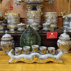 Bộ Kỷ Ngai 5 Chén Thờ Men Rạn Vẽ Vàng