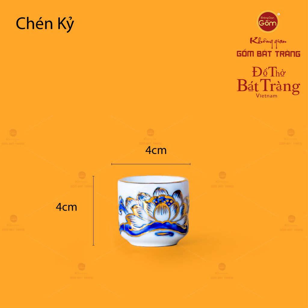 Bộ Kỷ Ngai 3 Chén Thờ Men Lam Nổi Vẽ Vàng