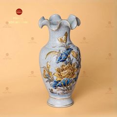 Lọ Hoa Miệng Lượn Hoa Sen Men Rạn Vẽ Vàng