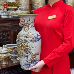 Lọ Hoa Thờ Vẽ Rồng Men Rạn Vẽ Vàng