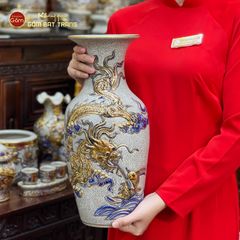 Lọ Hoa Thờ Vẽ Rồng Men Rạn Vẽ Vàng