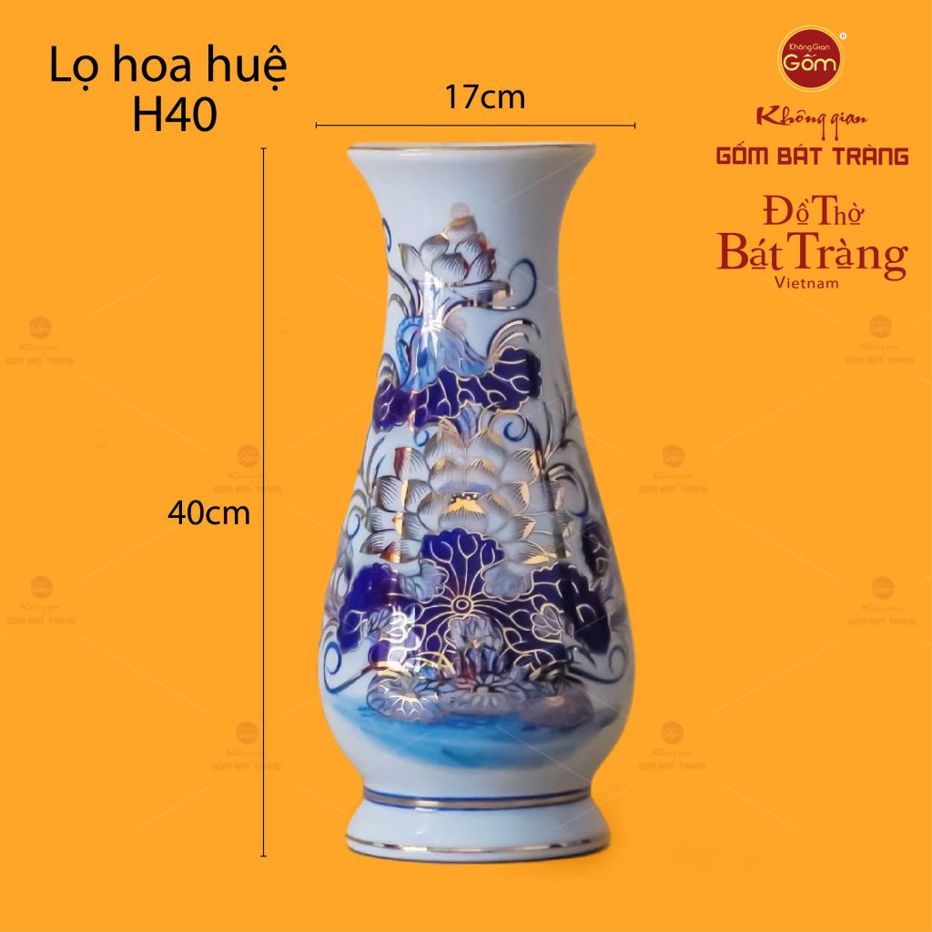 Lọ Hoa Huệ Thờ Men Lam Vẽ Vàng Họa Tiết Hoa Sen