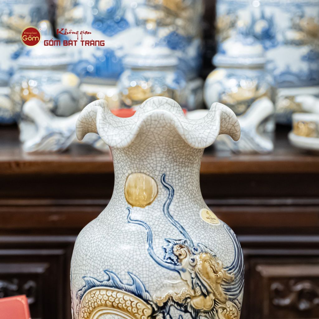 Lọ Hoa Miệng Lượn Men Rạn Họa Tiết Hồi Long Hướng Nhật