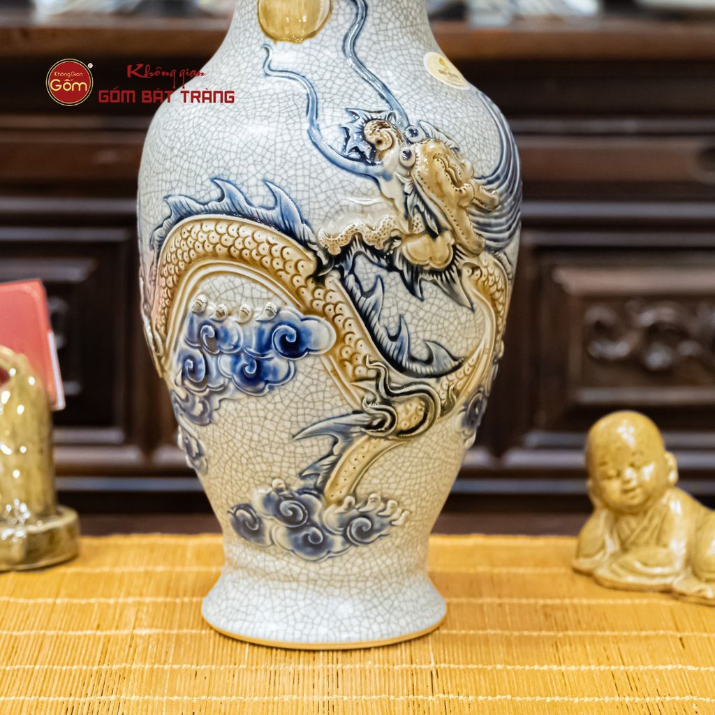 Lọ Hoa Miệng Lượn Men Rạn Họa Tiết Hồi Long Hướng Nhật
