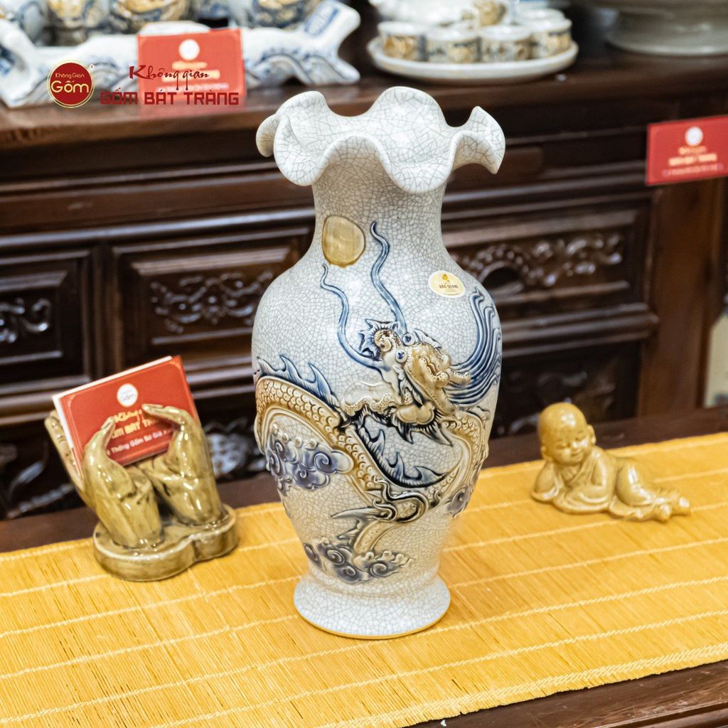Lọ Hoa Miệng Lượn Men Rạn Họa Tiết Hồi Long Hướng Nhật