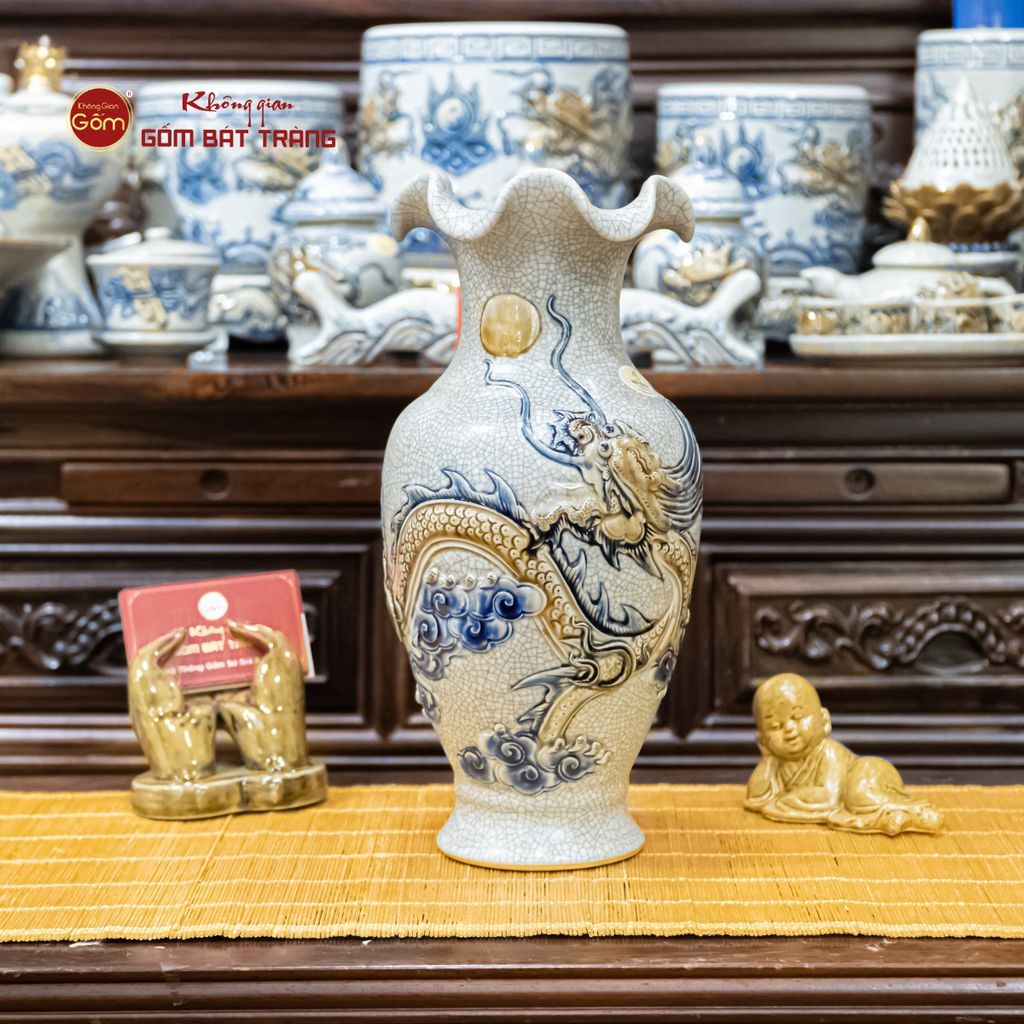 Lọ Hoa Miệng Lượn Men Rạn Họa Tiết Hồi Long Hướng Nhật