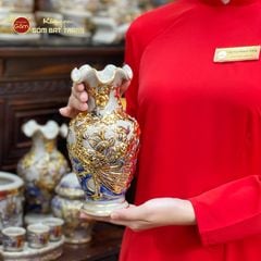 Lọ Hoa Miệng Lượn Công Đào Men Rạn Vẽ Vàng
