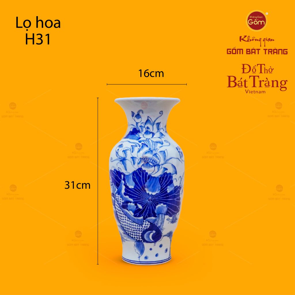 Lọ Hoa Thờ Men Lam Họa Tiết Sen Cá