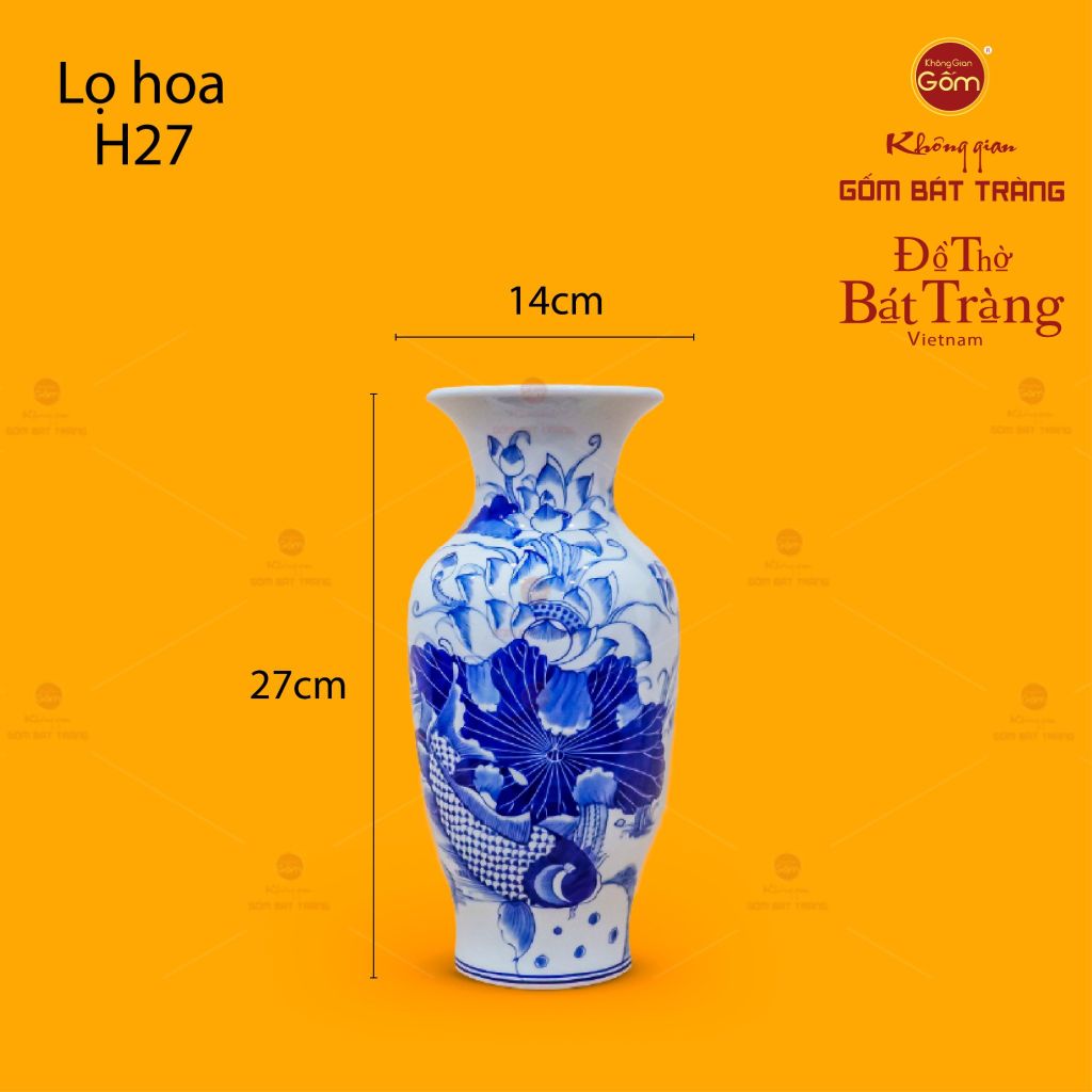 Lọ Hoa Thờ Men Lam Họa Tiết Sen Cá