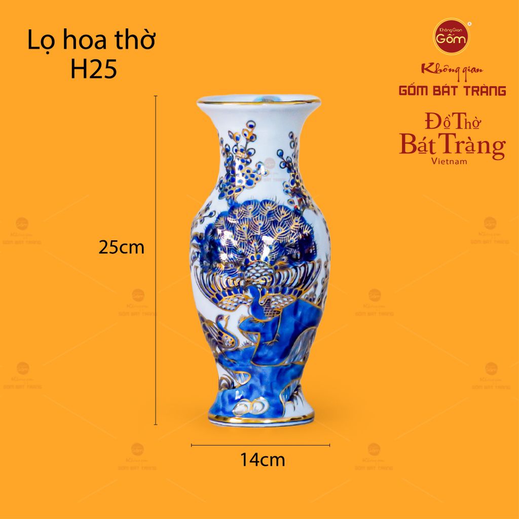 Lọ Hoa Thờ Men Lam Nổi Khổng Tước Vẽ Vàng