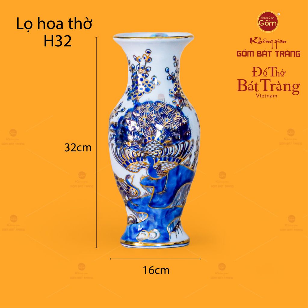 Lọ Hoa Thờ Men Lam Nổi Khổng Tước Vẽ Vàng