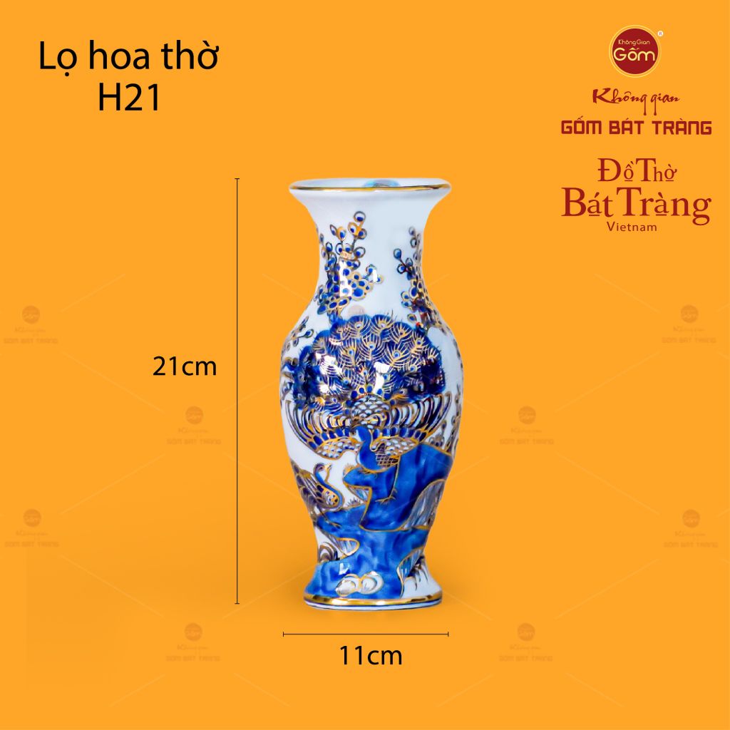 Lọ Hoa Thờ Men Lam Nổi Khổng Tước Vẽ Vàng