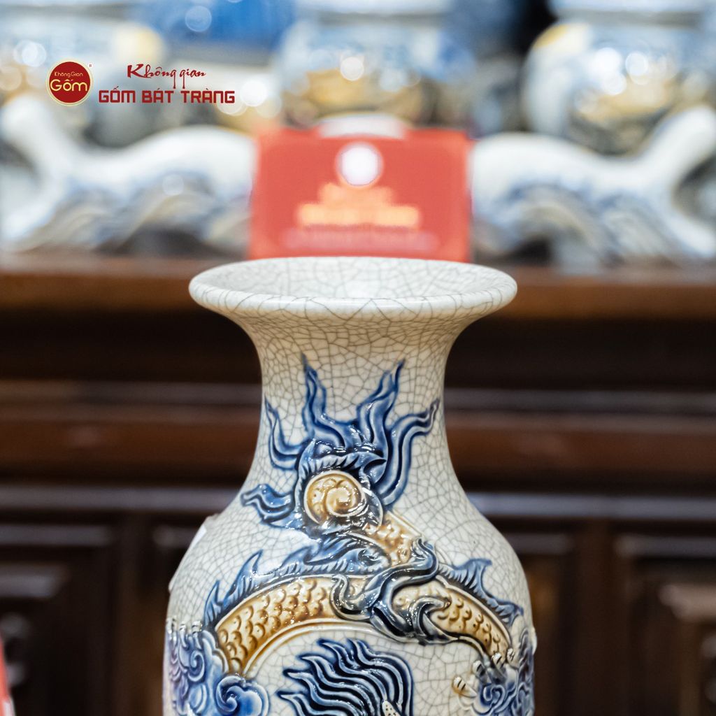 Lọ Hoa Thờ Men Rạn Họa Tiết Cá Chép Hóa Rồng