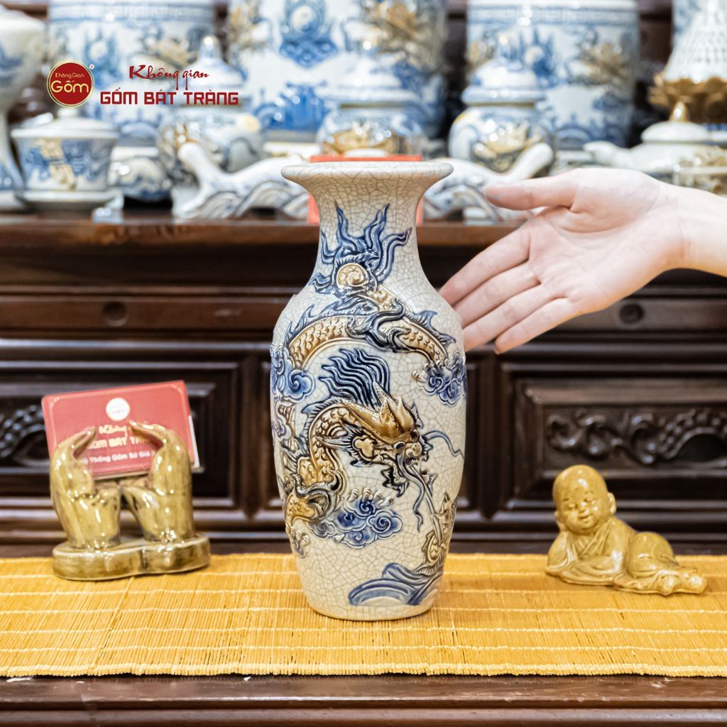 Lọ Hoa Thờ Men Rạn Họa Tiết Cá Chép Hóa Rồng