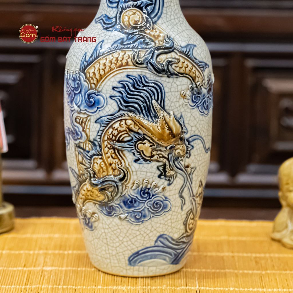 Lọ Hoa Thờ Men Rạn Họa Tiết Cá Chép Hóa Rồng