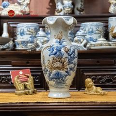 Lọ Hoa Miệng Lượn Men Rạn Họa Tiết Kim Liên