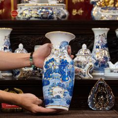 Lọ Hoa Thờ Miệng Loe Men Lam Vẽ Vàng Họa Tiết Hoa Sen