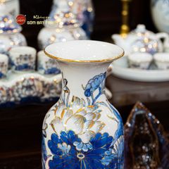 Lọ Hoa Thờ Miệng Loe Men Lam Vẽ Vàng Họa Tiết Hoa Sen