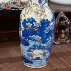 Lọ Hoa Thờ Miệng Loe Men Lam Vẽ Vàng Họa Tiết Hoa Sen
