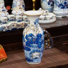 Lọ Hoa Thờ Miệng Loe Men Lam Vẽ Vàng Họa Tiết Hoa Sen