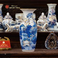 Lọ Hoa Thờ Miệng Loe Men Lam Vẽ Vàng Họa Tiết Hoa Sen