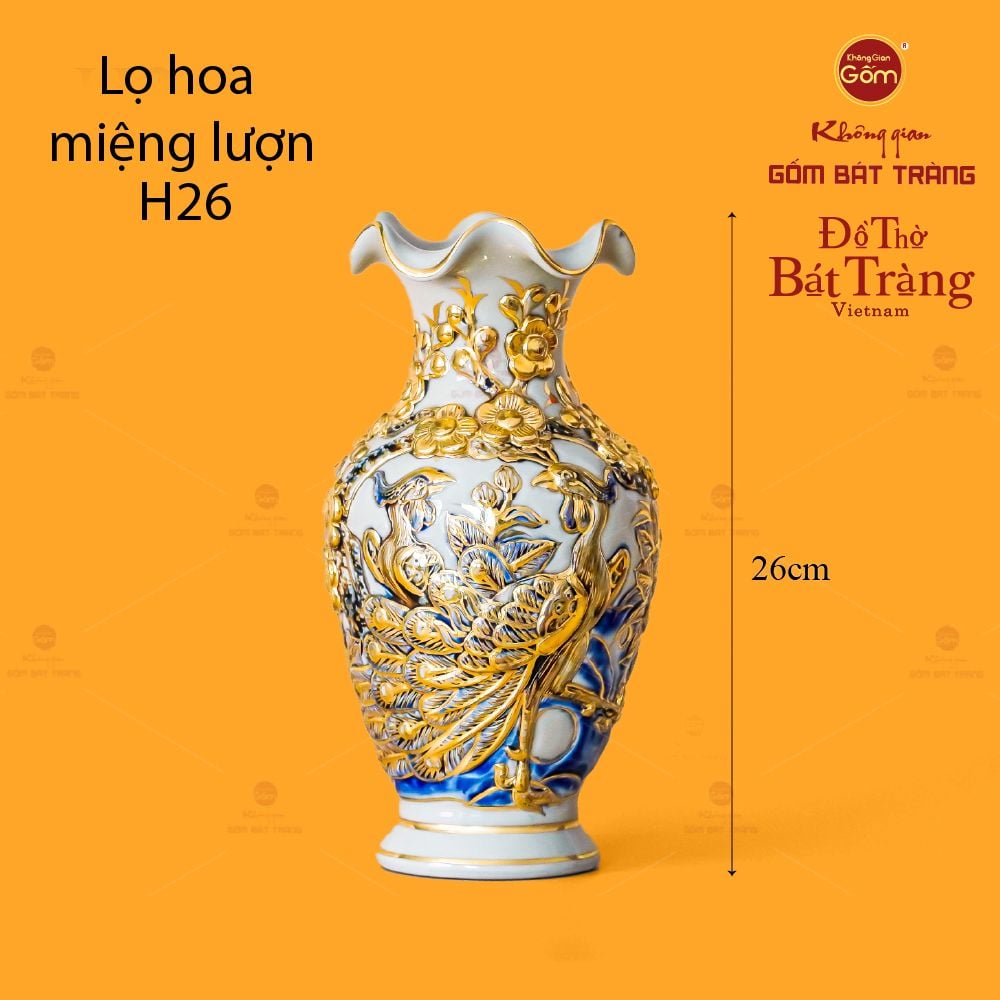 Lọ Hoa Thờ Miệng Lượn Men Hoàng Tộc Vẽ Vàng Họa Tiết Công Đào