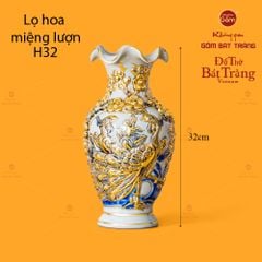 Lọ Hoa Thờ Miệng Lượn Men Hoàng Tộc Vẽ Vàng Họa Tiết Công Đào