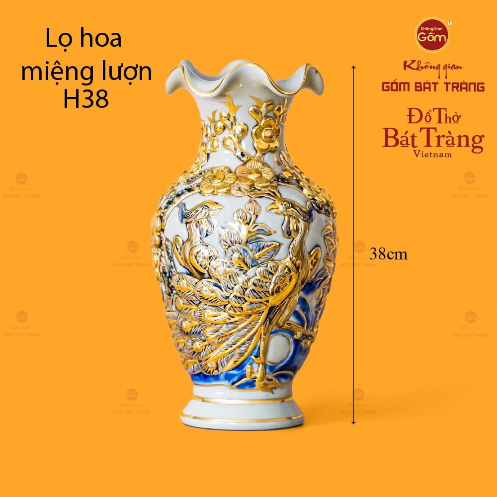 Lọ Hoa Thờ Miệng Lượn Men Hoàng Tộc Vẽ Vàng Họa Tiết Công Đào