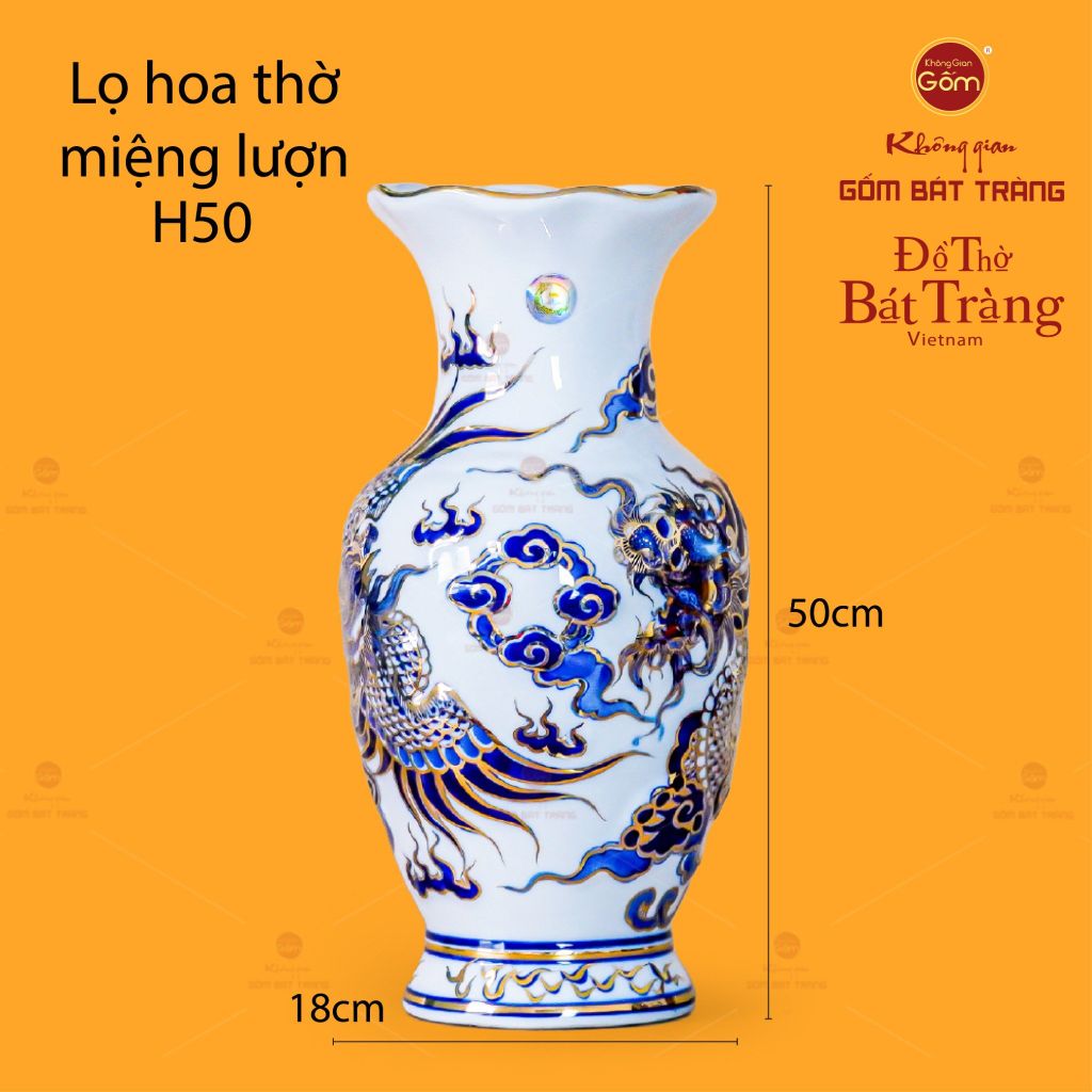 Lọ Hoa Thờ Miệng Lượn Men Lam Nổi Rồng Phượng Vẽ Vàng