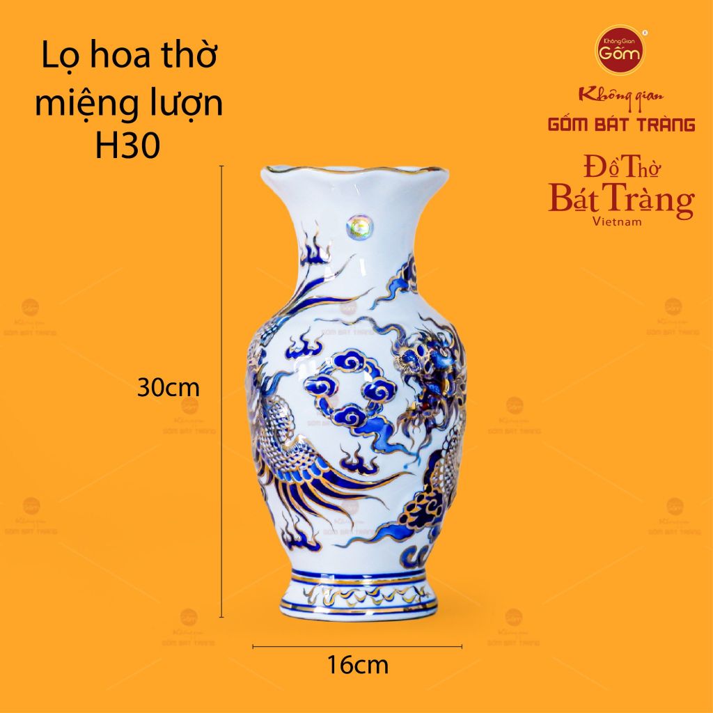 Lọ Hoa Thờ Miệng Lượn Men Lam Nổi Rồng Phượng Vẽ Vàng