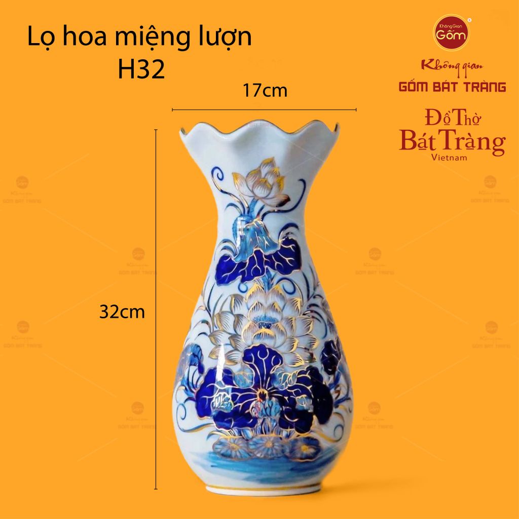 Lọ Hoa Thờ Miệng Lượn Men Lam Vẽ Vàng Họa Tiết Hoa Sen