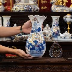Lọ Hoa Thờ Miệng Lượn Men Lam Vẽ Vàng Họa Tiết Hoa Sen