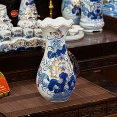 Lọ Hoa Thờ Miệng Lượn Men Lam Vẽ Vàng Họa Tiết Hoa Sen
