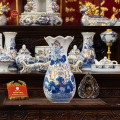 Lọ Hoa Thờ Miệng Lượn Men Lam Vẽ Vàng Họa Tiết Hoa Sen