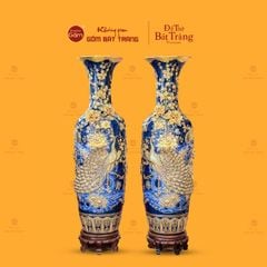 Lộc Bình Men Xanh Coban Công Đào Đắp Nổi Dát Vàng