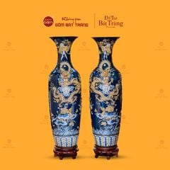 Lộc Bình Men Xanh Coban Độc Long Kim Quy Đắp Nổi Vẽ Vàng