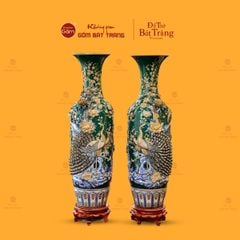 Lộc Bình Men Xanh Lục Công Đào Đắp Nổi Vẽ Vàng