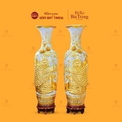 Lộc Bình Men Rạn Công Đào Mẫu Đơn Đắp Nổi Dát Vàng