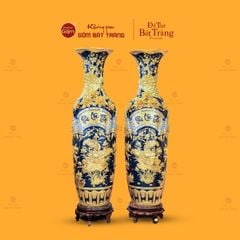 Lộc Bình Men Xanh Coban Phúc Lộc Thọ Đắp Nổi Dát Vàng